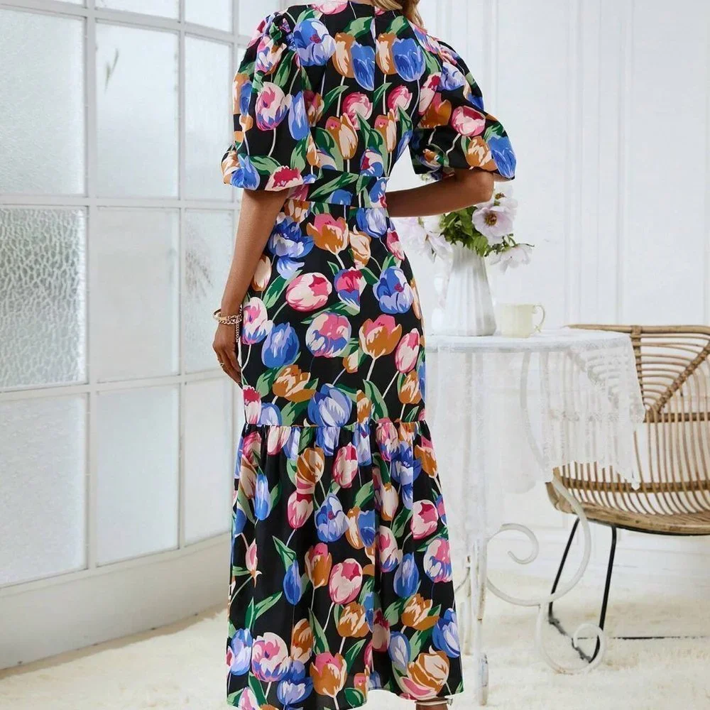 Multicolor Boho Womens Floral Print Puff Sleeve Ruffle Hem Dress - Picture 3 of 5
